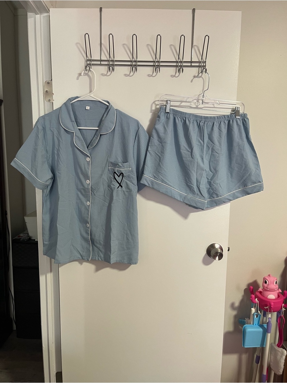 Light Blue Light Weight Pajama Set with Contrast Piping and Heart Detail